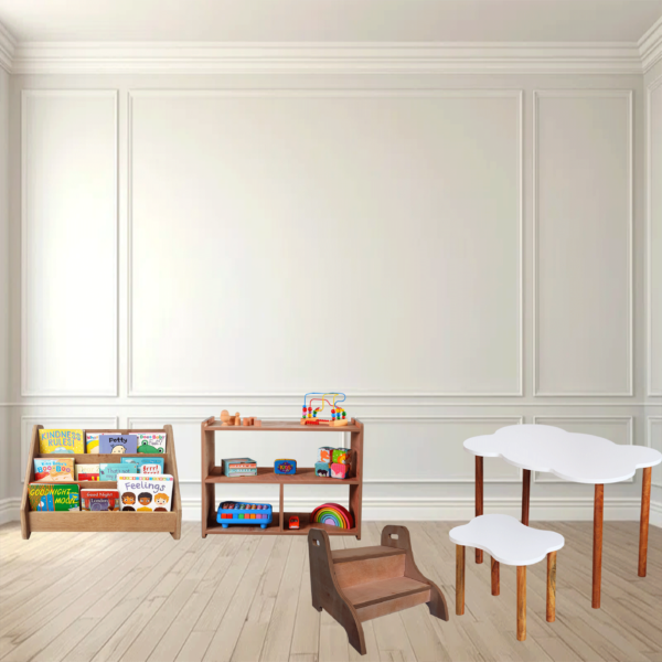 Bundle3 Wooden Toy Shelf + Wooden Book Shelf + Table & Chair Set + Stepping Stool