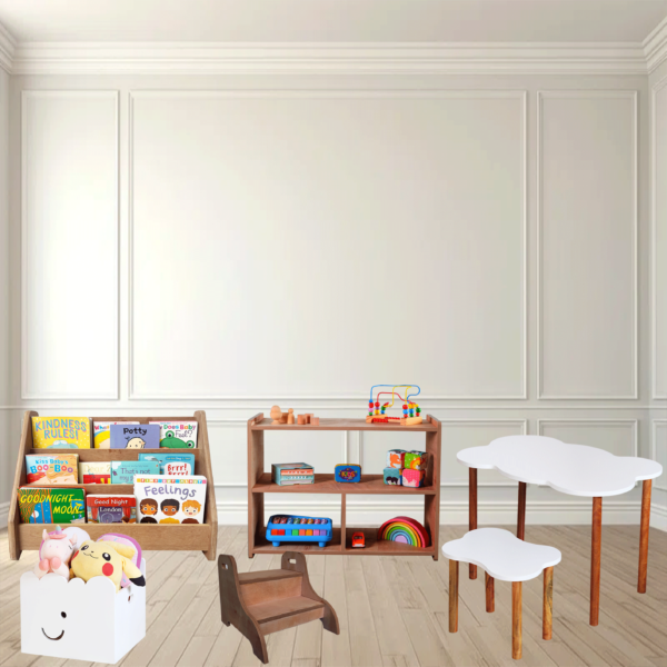 Bundle4 Wooden Toy Shelf + Wooden BookShelf + Table & Chair Set + Stepping Stool + Storage Box (S)