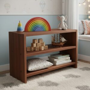 Toy shelf styled with kids' toys and baskets