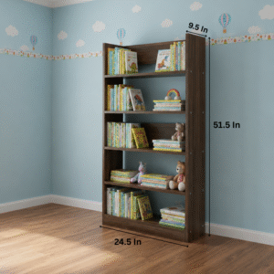 5-tier wooden shelf in kids bedroom setting