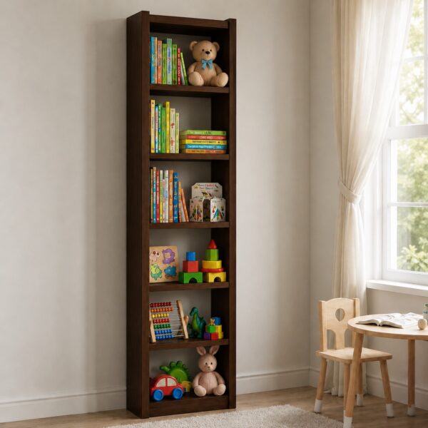 6-tier bookshelf in nursery corner setting