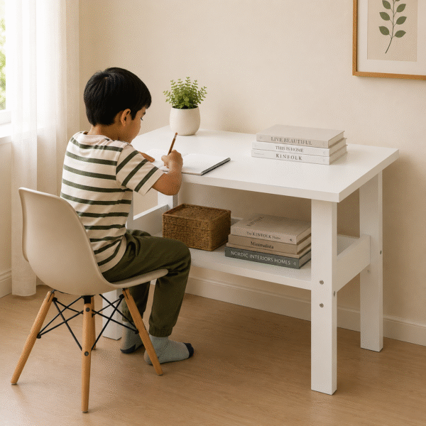 Child Studying at White Kids Study Table Boy studying and writing at a white kids study table with storage shelf