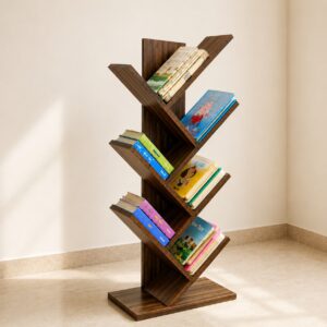Tree shaped wooden bookshelf with colorful books in a modern living room